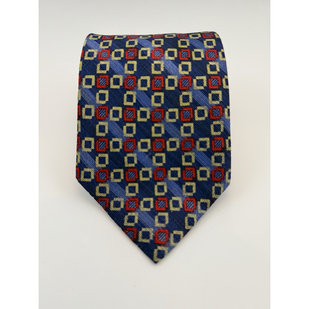 Jhane Barnes Men's Silk 62" Necktie Italy Blue Red Gold Design NWOT